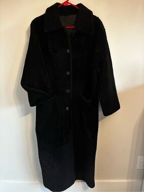 RARE-VTG Lucca Bianco Black Shearling Long Coat Italian Lambskin Sz-L Old Money